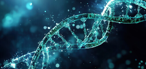 Aufkleber - Illustration captures two luminous strands of DNA intertwined, surrounded by a dynamic background of glowing particles and colors