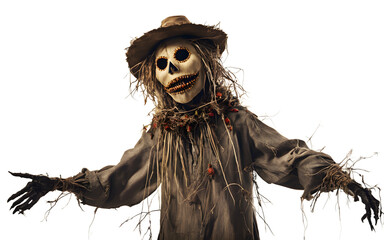 Poster - Living scarecrow with a stitched mouth and glowing eyes, isolated on a empty plain background