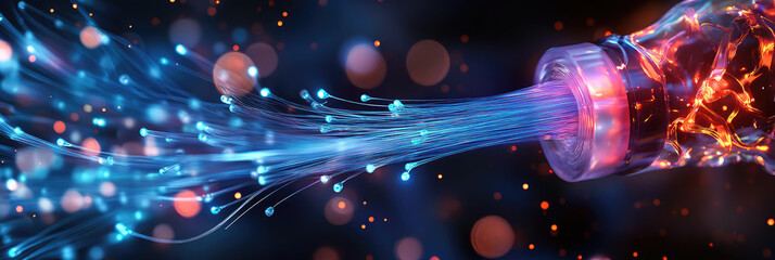 Aufkleber - Optical fiber cable network with glowing connections in a technological environment, symbolizing high-speed data transfer, internet communication, and digital infrastructure systems