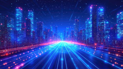 Aufkleber - Futuristic city skyline at night with glowing blue and pink lights, representing high-speed data transfer, digital technology, and smart urban infrastructure in a virtual reality environment.Banner