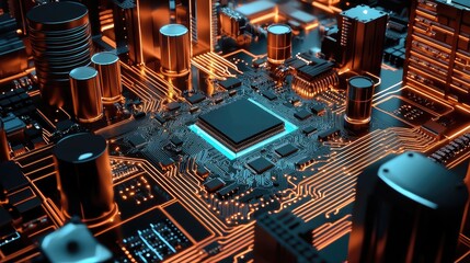 Poster - Microchip-focused circuit board with blue neon lighting, modern tech and electronics