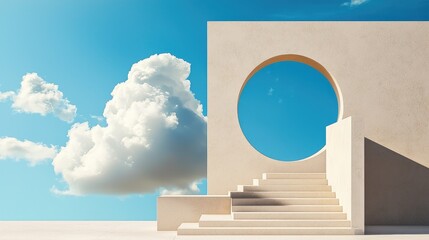 Wall Mural - minimal blue scene with floating white clouds and a round shape in the center, modern display