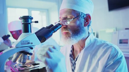 Wall Mural - bearded scientist in white coat and surgical cap looking into microscope, adjusting focus and moving