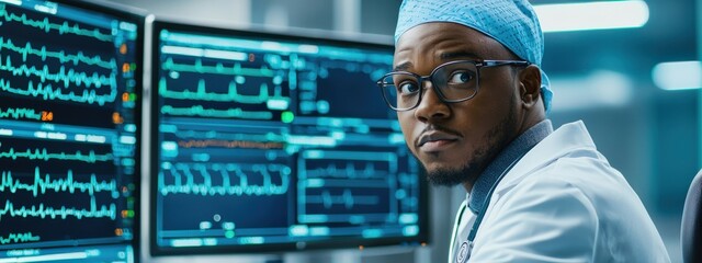 Poster - Doctor in Scrubs Analyzing Medical Data on Computer Screens