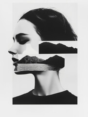 Poster - Echoes of Landscape: A surreal, black-and-white artistic portrait artfully merges the delicate features of a woman with the rugged essence of a mountain landscape.
