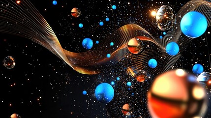 Poster - Sparkling digital particles, glowing points and tech streaks on dark abstract backdrop