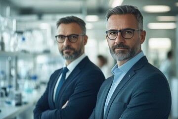Poster - Two confident businessmen in a lab, arms crossed, projecting professionalism and expertise.