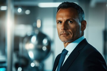 Poster - Confident businessman in a modern industrial setting, projecting success and leadership.