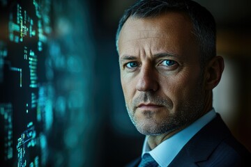 Aufkleber - A serious businessman stands before a glowing screen, contemplating complex data and code.