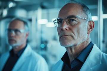 Poster - A thoughtful senior scientist in a lab coat, contemplating research in a modern laboratory setting.