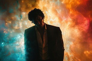 Poster - A man in a suit stands before a vibrant, swirling backdrop of teal and orange hues, creating a dramatic and moody atmosphere.
