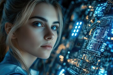 Leinwandbilder - A young woman with blonde hair gazes intently at a futuristic circuit board, illuminated with glowing blue lights.