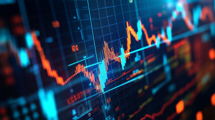 Poster - A close up view of a digital display showing financial market data with rising and falling line graphs
