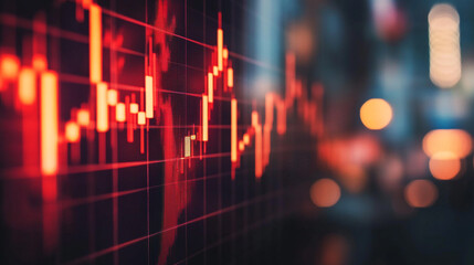 Poster - Red stock market chart with a downward trend against a blurred background of city lights at night
