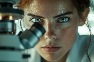 Poster - A focused female scientist, perspiration glistening on her face, intensely observing through a microscope.