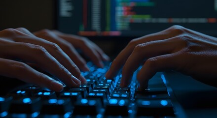 Close-up of hands typing on a backlit keyboard at night.