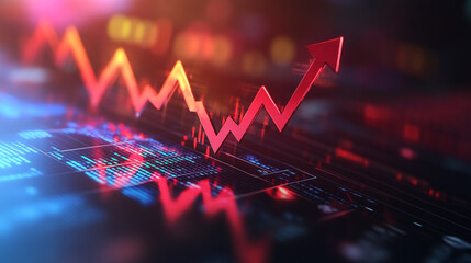Poster - Red upward arrow over digital display showing financial data indicating market growth and success