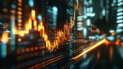 Poster - A glowing orange stock market chart overlayed on a blurred city skyline at night with blue lights