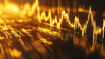 Poster - Golden financial data chart with rising and falling lines and grid pattern in the background