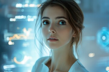 Poster - A young woman's portrait against a futuristic, technology-infused backdrop.