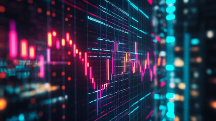 Poster - A close up of a digital stock chart with pink and blue lines against a dark background bokeh lights