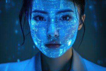 Poster - A woman's face is projected with a glowing digital code, representing futuristic technology and data integration.