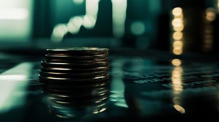Poster - A stack of coins on a reflective surface with blurred lights and a graph in the background seen dimly