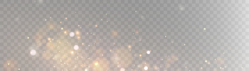 Leinwandbilder - Gold dust light bokeh. Christmas glowing bokeh and glitter overlay texture for your design on a transparent background. Golden particles abstract vector background.	
