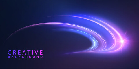 Poster - Abstract neon light curves with glowing lines and a bright flare on dark background. Perfect for modern presentations, tech banners, creative designs, or futuristic UI elements.
