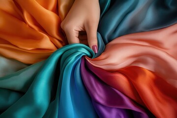 Poster - A hand gently arranges vibrant, multicolored silk fabrics in a captivating swirl.