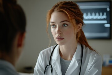 Poster - A young female doctor with red hair listens attentively to a patient, showing empathy and professionalism.