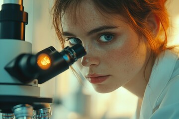 Poster - A young female scientist intensely focuses on a microscope, engrossed in scientific research.