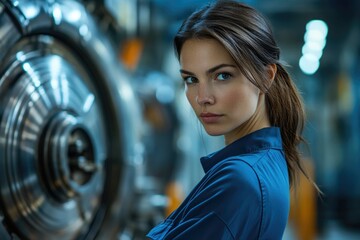 Poster - A young woman, possibly an engineer, looks back over her shoulder in a factory setting.