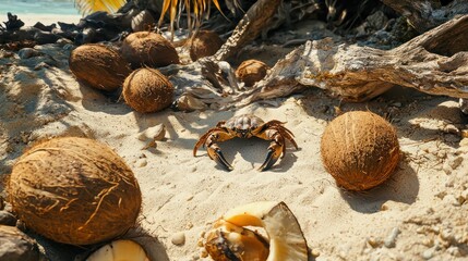 Poster - a coconut crab on sandy terrain surrounded by coconuts and driftwood.