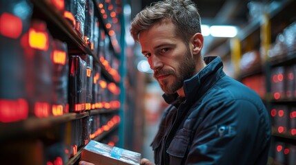 Poster - Logistics expert inspects a package while surrounded by organized shelves of inventory in a well lit warehouse during evening operations focused on sorting and fulfillment tasks.