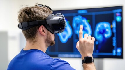 Poster - man wearing virtual reality headset interacting with brain image