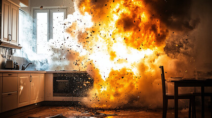 Massive explosion with fire and smoke in a kitchen, depicting extreme danger, household hazards, and emergency disaster scenarios