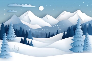 Leinwandbilder - Winter landscape in paper cut style featuring snowy mountains, pine trees, and a soft blue gradient sky at dusk Generative AI