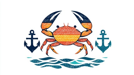 Poster - A colorful vector crab icon with a nautical theme, featuring anchors and waves. 