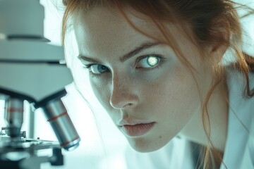 Poster - A female scientist with glowing eyes peers intently through a microscope, engrossed in scientific research.