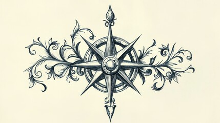 Poster - A compass drawing with artistic embellishments, such as vines and scrollwork. 