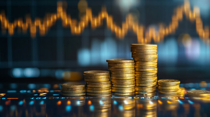 Poster - Stacks of gold coins arranged in ascending order with a financial graph in the background view