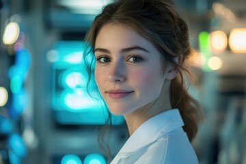 Leinwandbilder - A young woman with a gentle smile, possibly a scientist or researcher, stands in a modern laboratory setting.