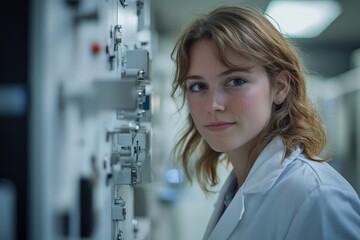 Poster - A young female scientist stands near laboratory equipment, showcasing her focus and dedication to scientific research.