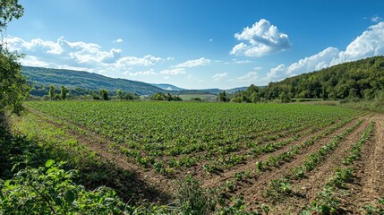 Poster - A countryside view with fields of cherry tomatoes growing under a sunny sky 