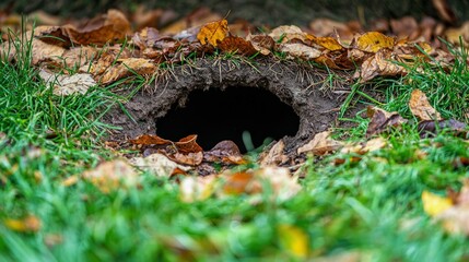 Poster - A curious view of a rabbit hole in the ground, surrounded by green grass and fallen leaves. 
