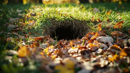 Poster - A curious view of a rabbit hole in the ground, surrounded by green grass and fallen leaves. 
