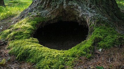 Poster - A deep rabbit hole surrounded by moss, nestled at the base of a large tree in a forest. 