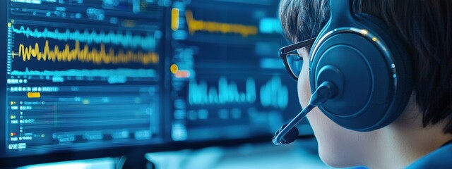 Poster - Young Individual Using Headset While Analyzing Data on Multiple Screens