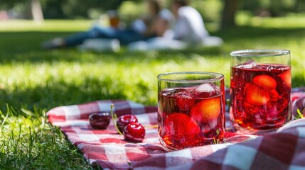 Poster - A family picnic setting with cherry juice served in glasses on a blanket in a grassy park. 
